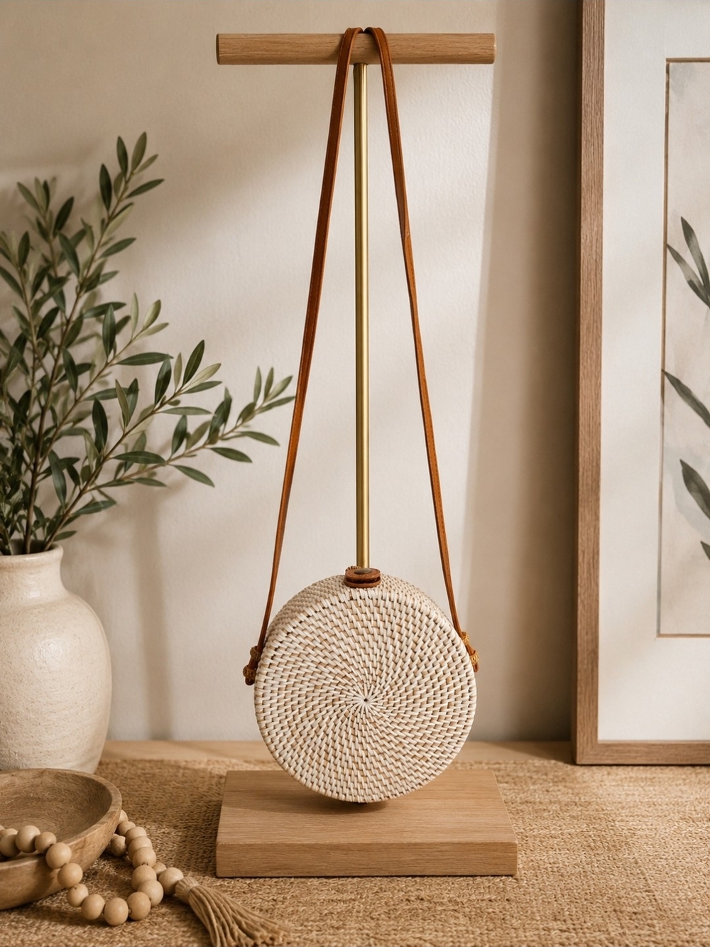 Woven Round Crossbody Bag in Natural with Tan Strap